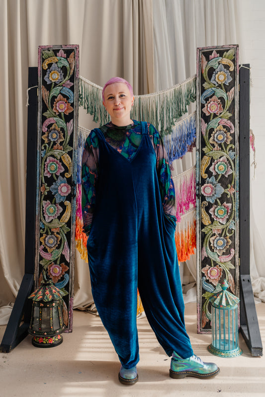 Velvet Dungaree Jumpsuit in Teal