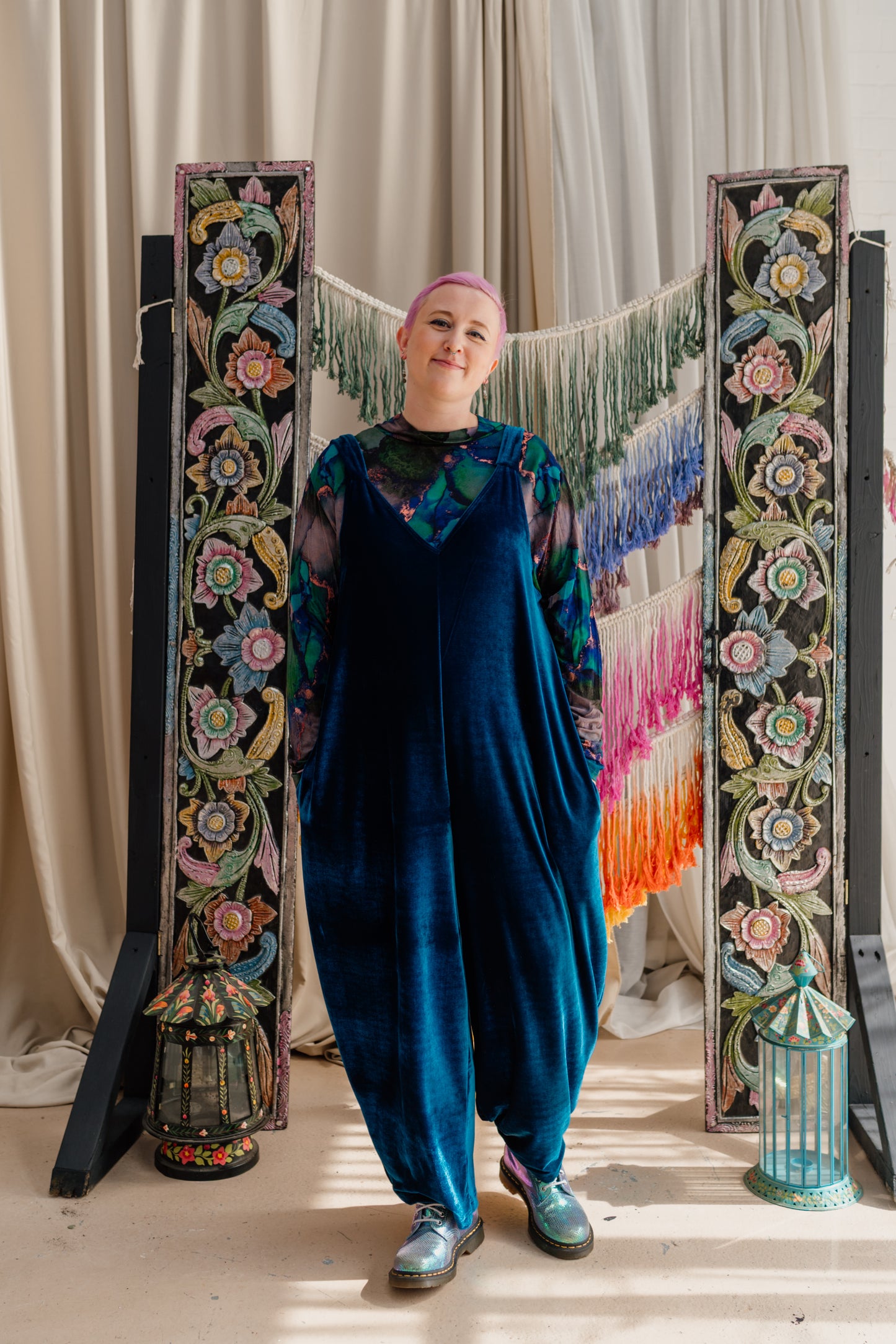 Velvet Dungaree Jumpsuit in Teal