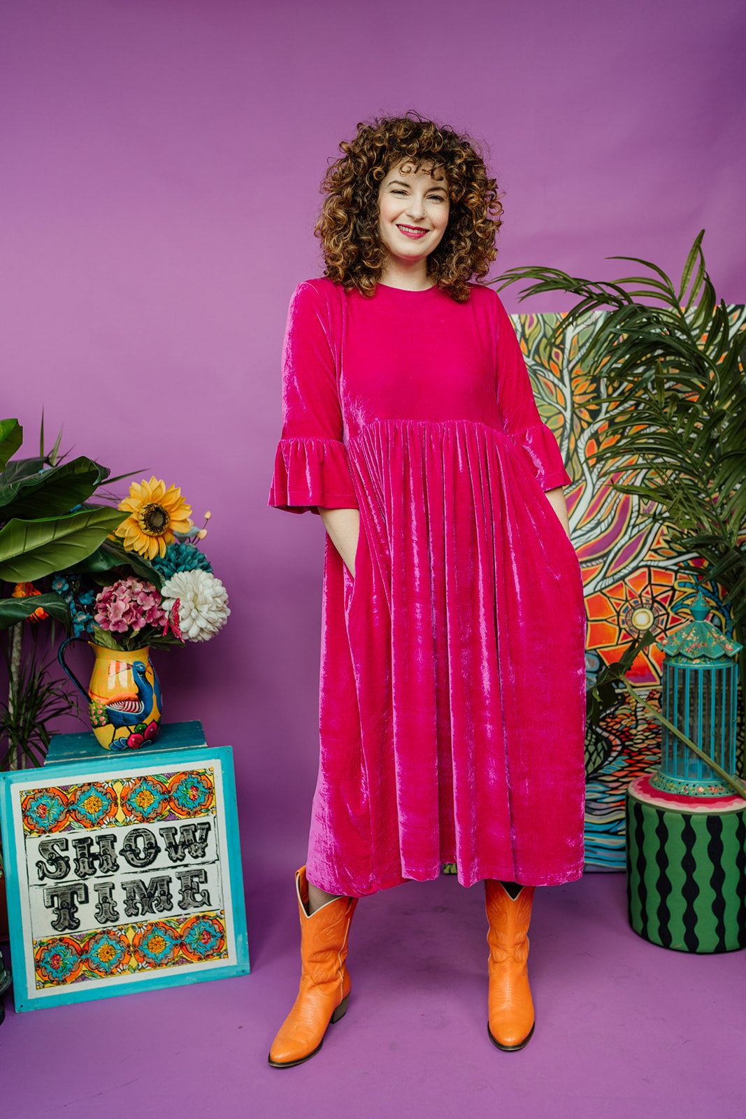 Velvet Ruffle Smock Dress in Bright Pink