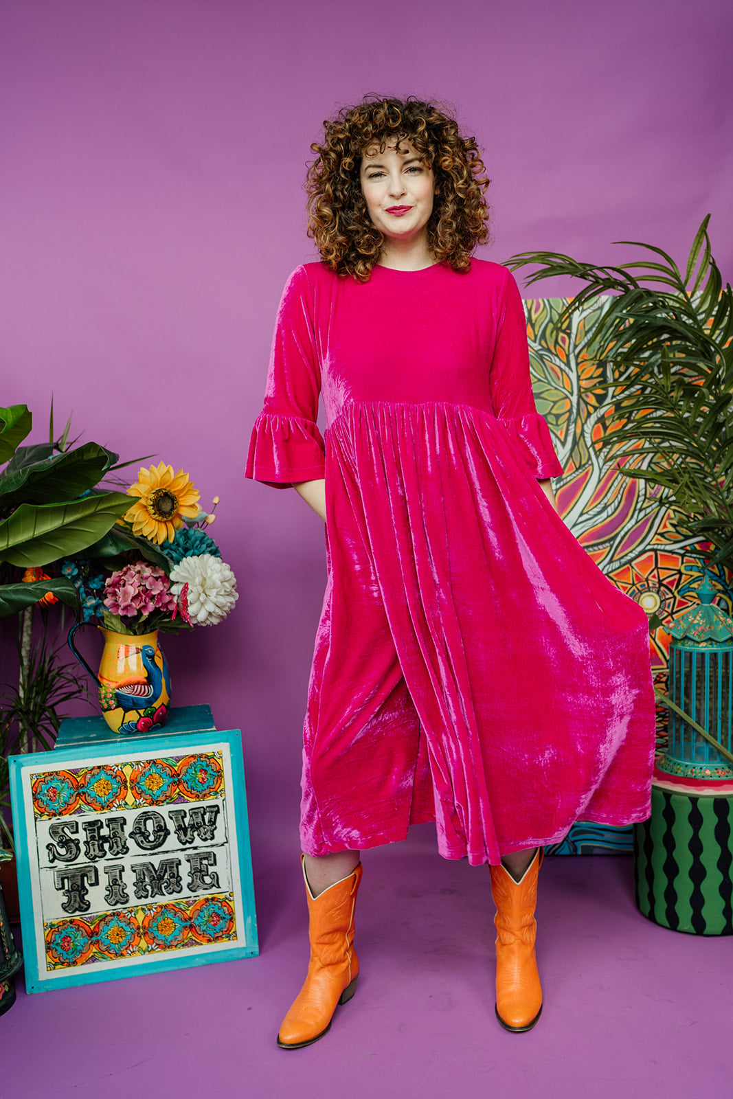 Velvet Ruffle Smock Dress in Bright Pink