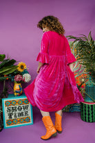 Velvet Ruffle Smock Dress in Bright Pink