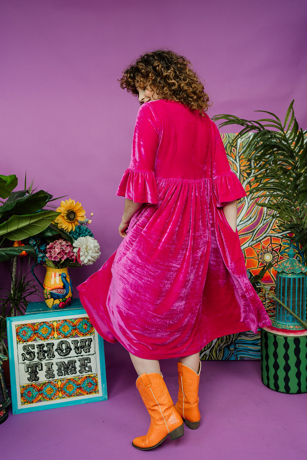 Velvet Ruffle Smock Dress in Bright Pink