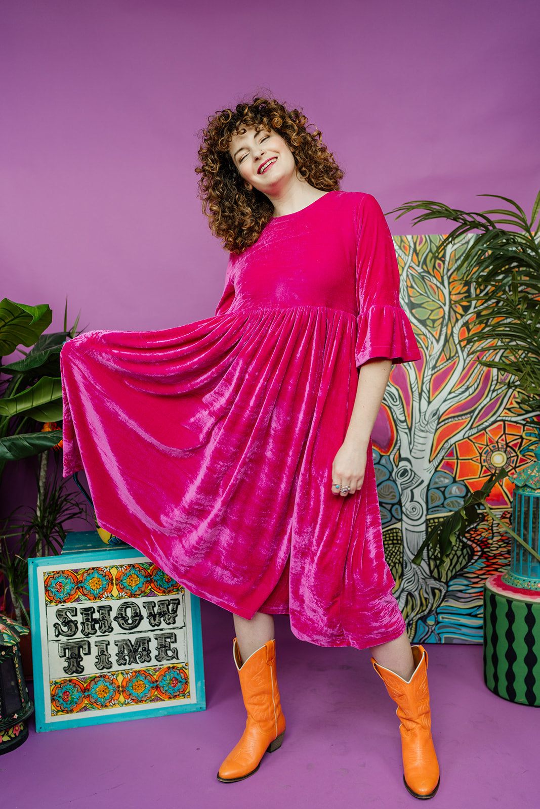 Velvet Ruffle Smock Dress in Bright Pink