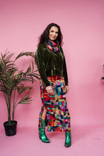 Load image into Gallery viewer, Maxi Velvet Side Split Skirt in Abstract Rainbow