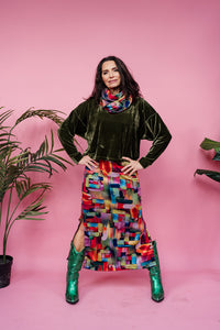 Maxi Velvet Side Split Skirt in Abstract Rainbow