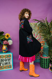 Embellished Long Wool Coat in Black Rainbow