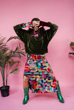 Load image into Gallery viewer, Maxi Velvet Side Split Skirt in Abstract Rainbow