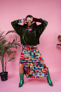 Maxi Velvet Side Split Skirt in Abstract Rainbow