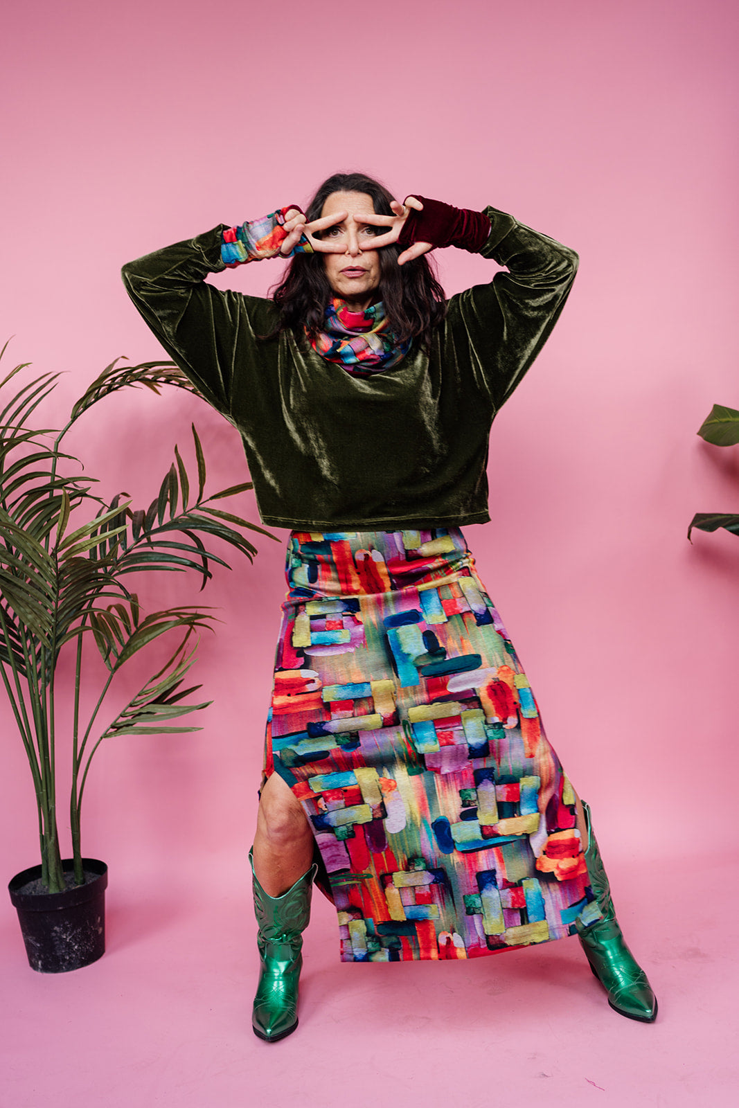 Maxi Side Split Skirt in Abstract Rainbow