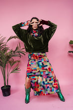 Load image into Gallery viewer, Maxi Velvet Side Split Skirt in Abstract Rainbow