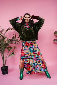 Maxi Velvet Side Split Skirt in Abstract Rainbow