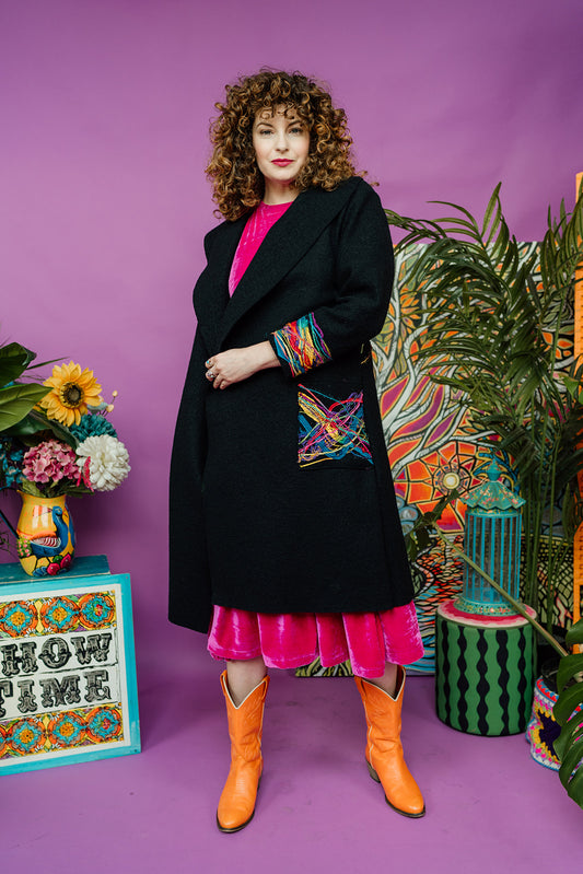 Embellished Long Wool Coat in Black Rainbow