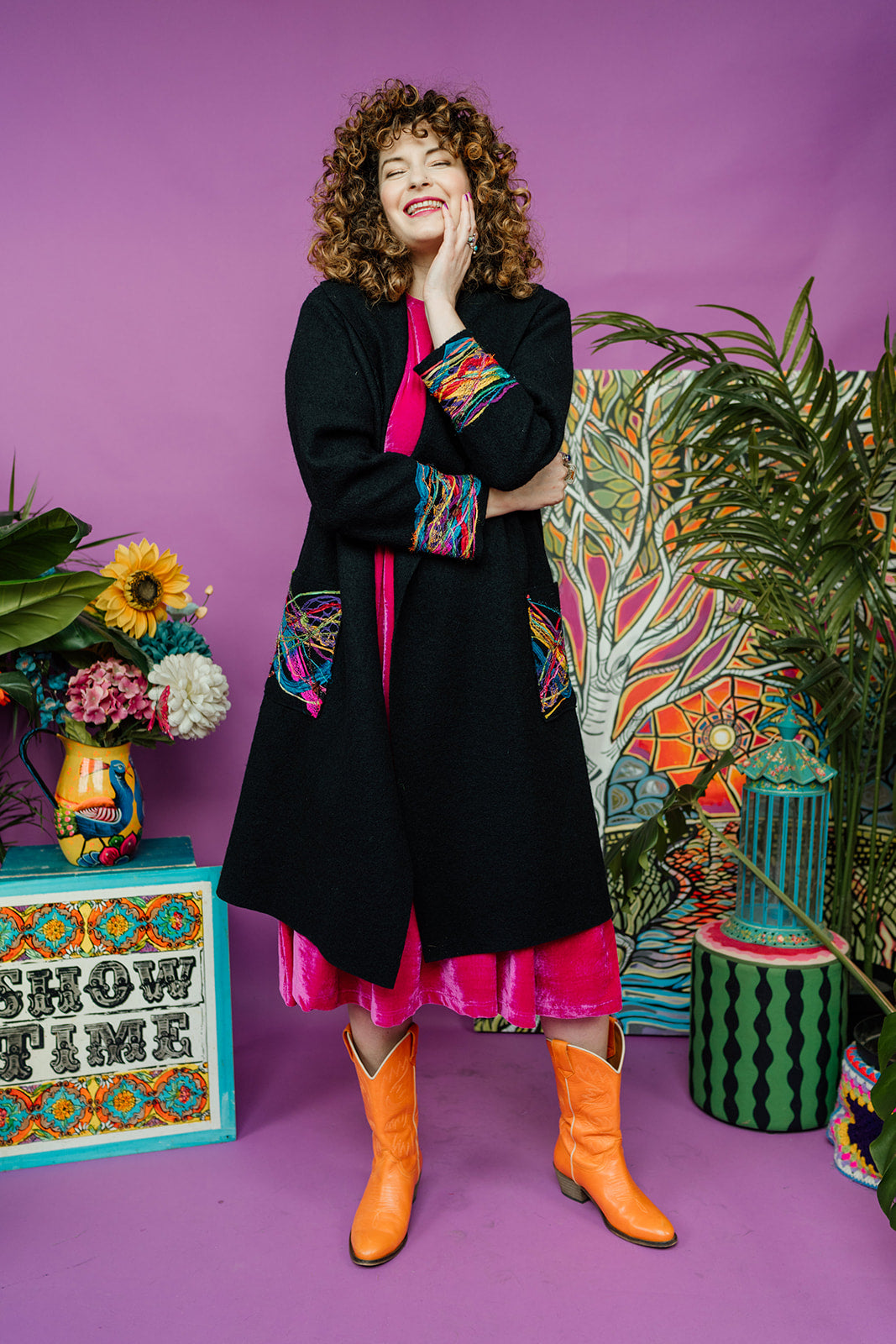 Embellished Long Wool Coat in Black Rainbow