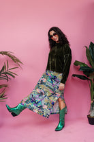 SALE Maxi Side Split Skirt in Green Abstract Garden - Megan Crook