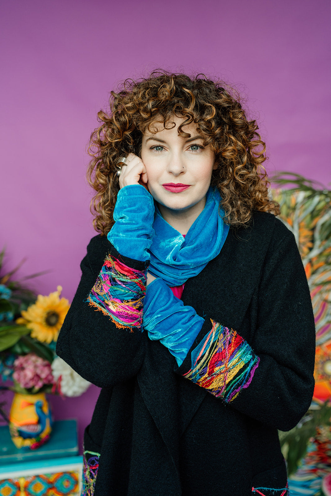 Velvet Cowl and Wrist Warmers Set in Turquoise