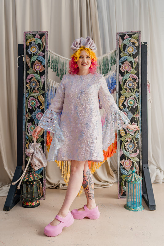 Sequin Bell Sleeve Twiggy Dress in Opal