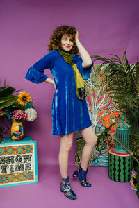 Velvet Ruffle Swing Dress in Cornflower Blue