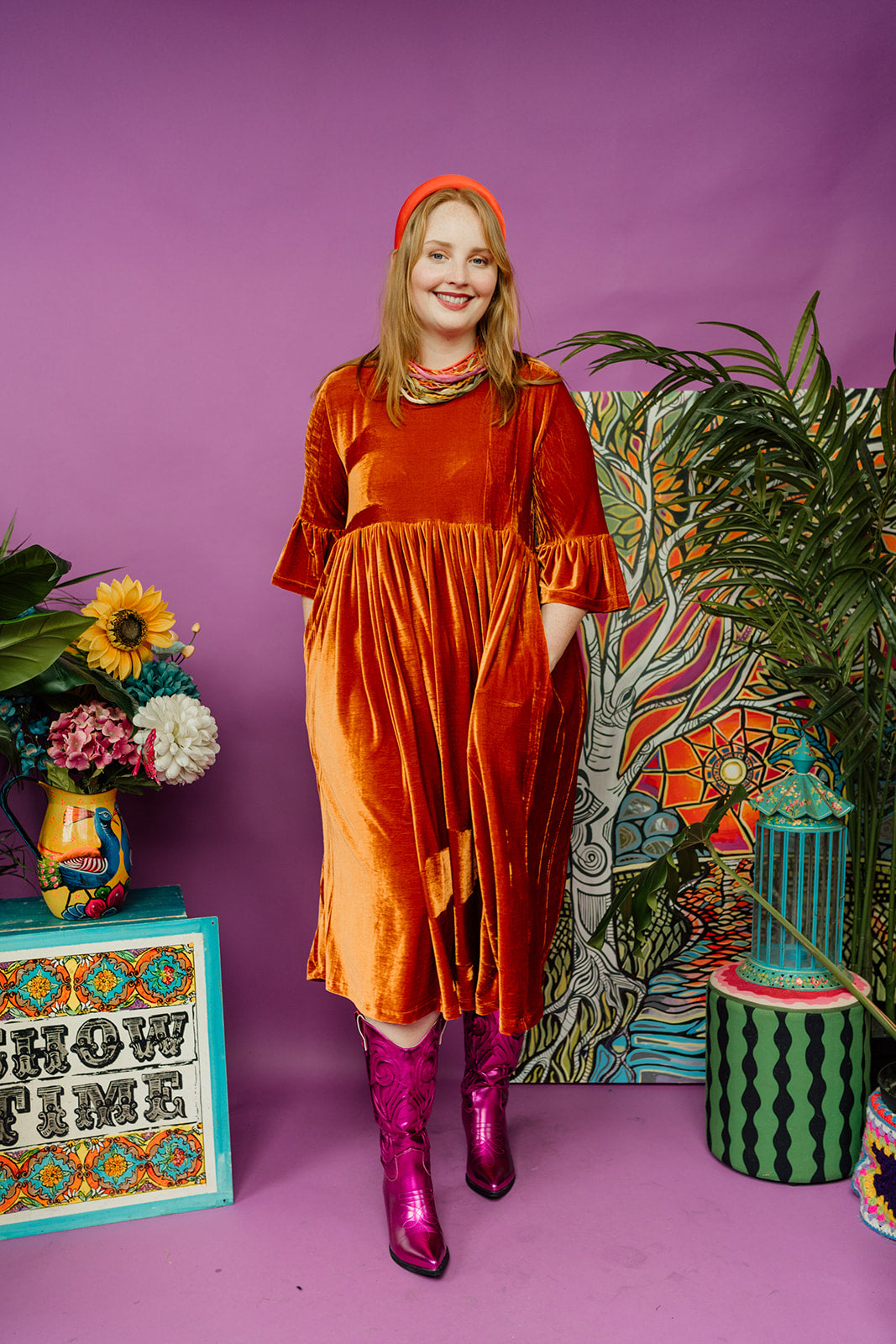 Velvet Ruffle Smock Dress in Orange