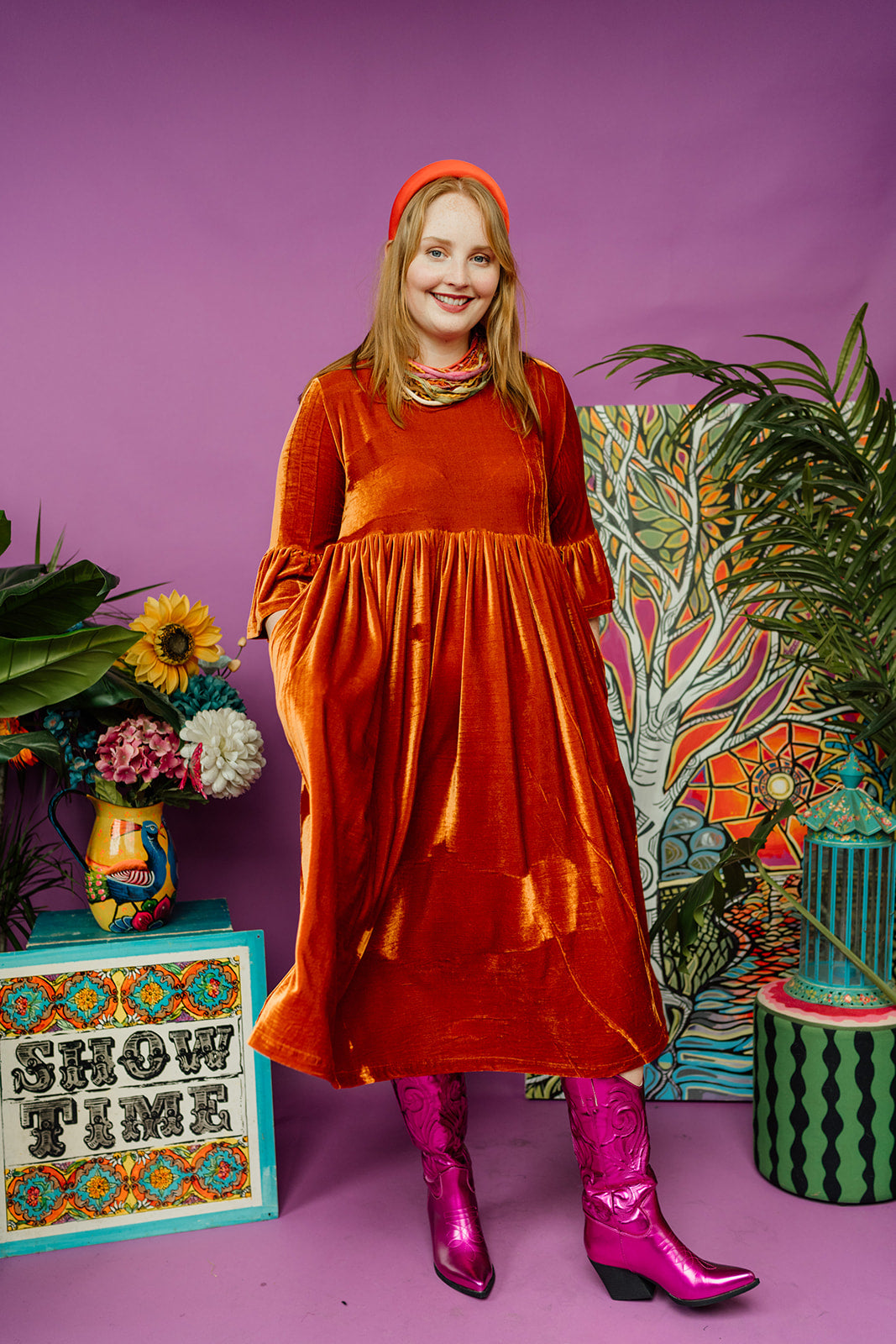 Velvet Ruffle Smock Dress in Orange