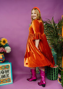 Velvet Ruffle Smock Dress in Orange