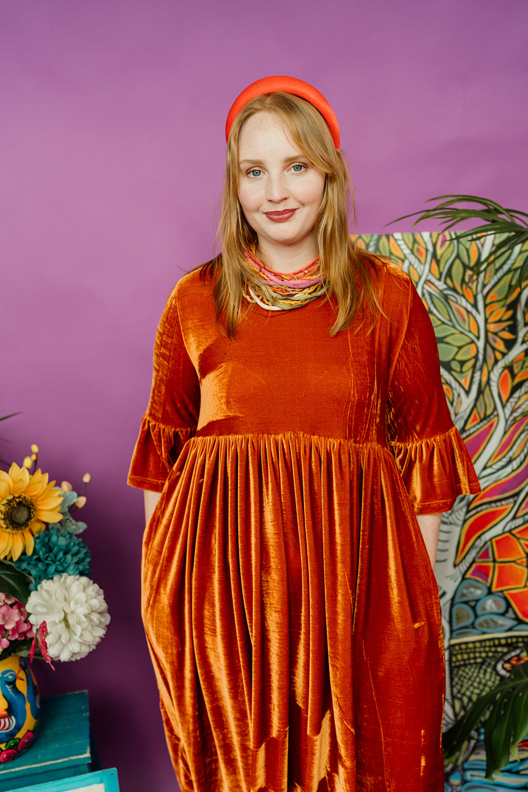 Velvet Ruffle Smock Dress in Orange