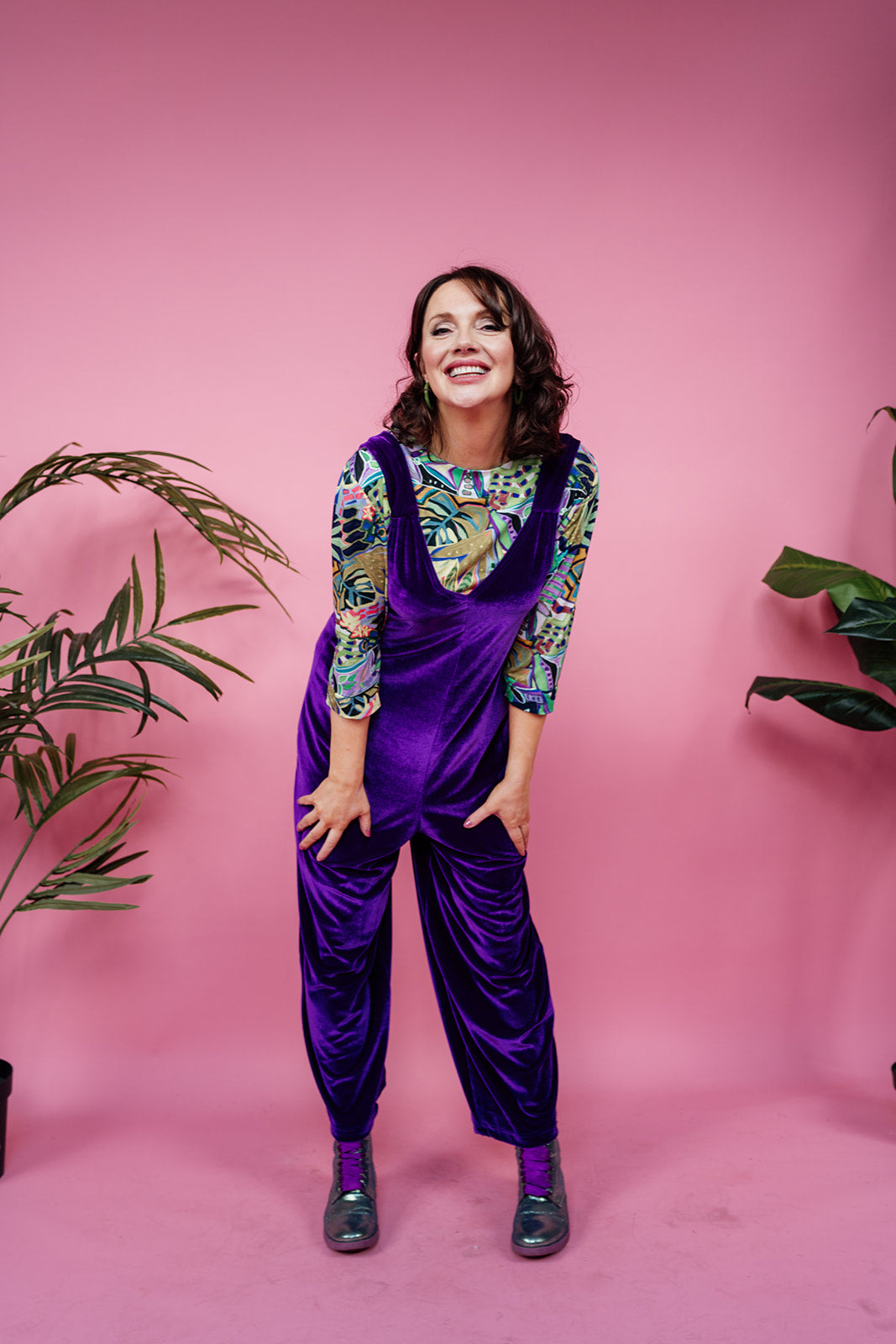 Velvet Dungaree Jumpsuit in Purple