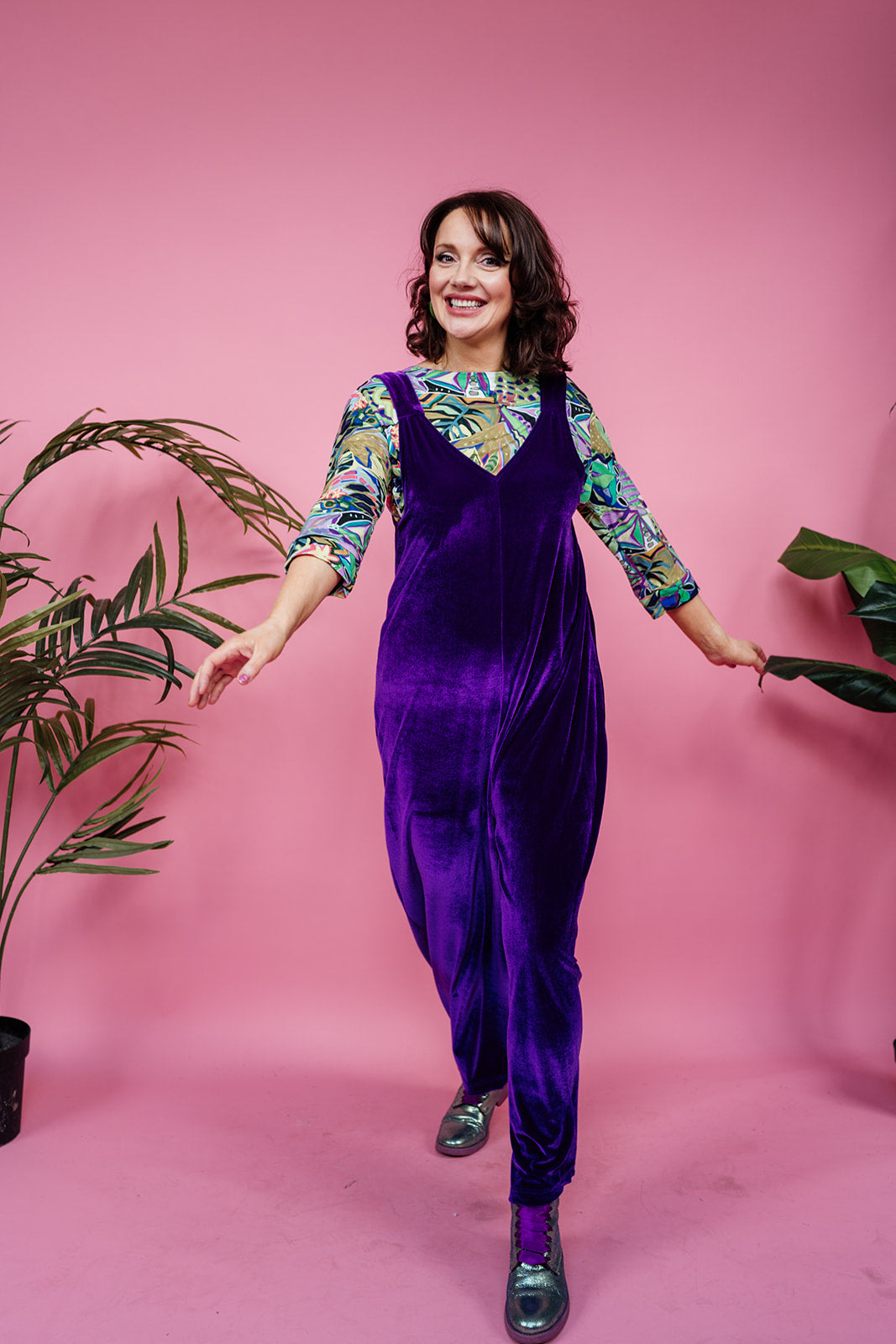 Velvet Dungaree Jumpsuit in Purple