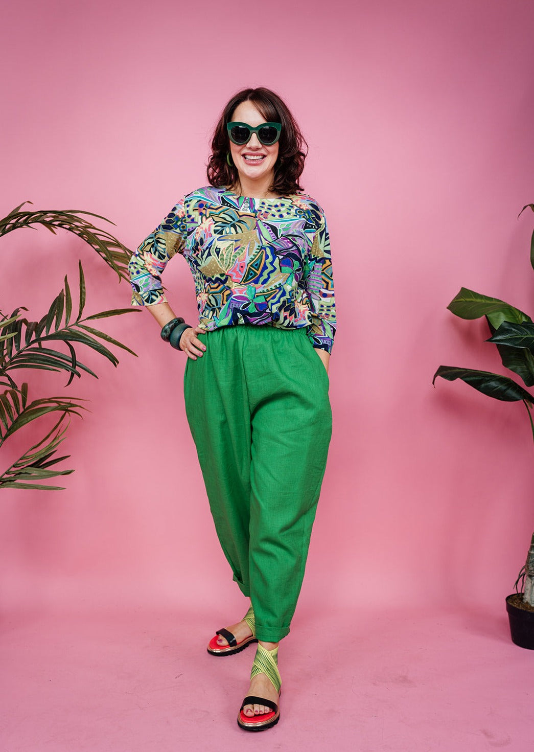 3/4 Sleeve Top in Green Abstract Garden - Megan Crook