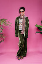 Velvet Straight Leg Trousers in Dark Olive - Megan Crook