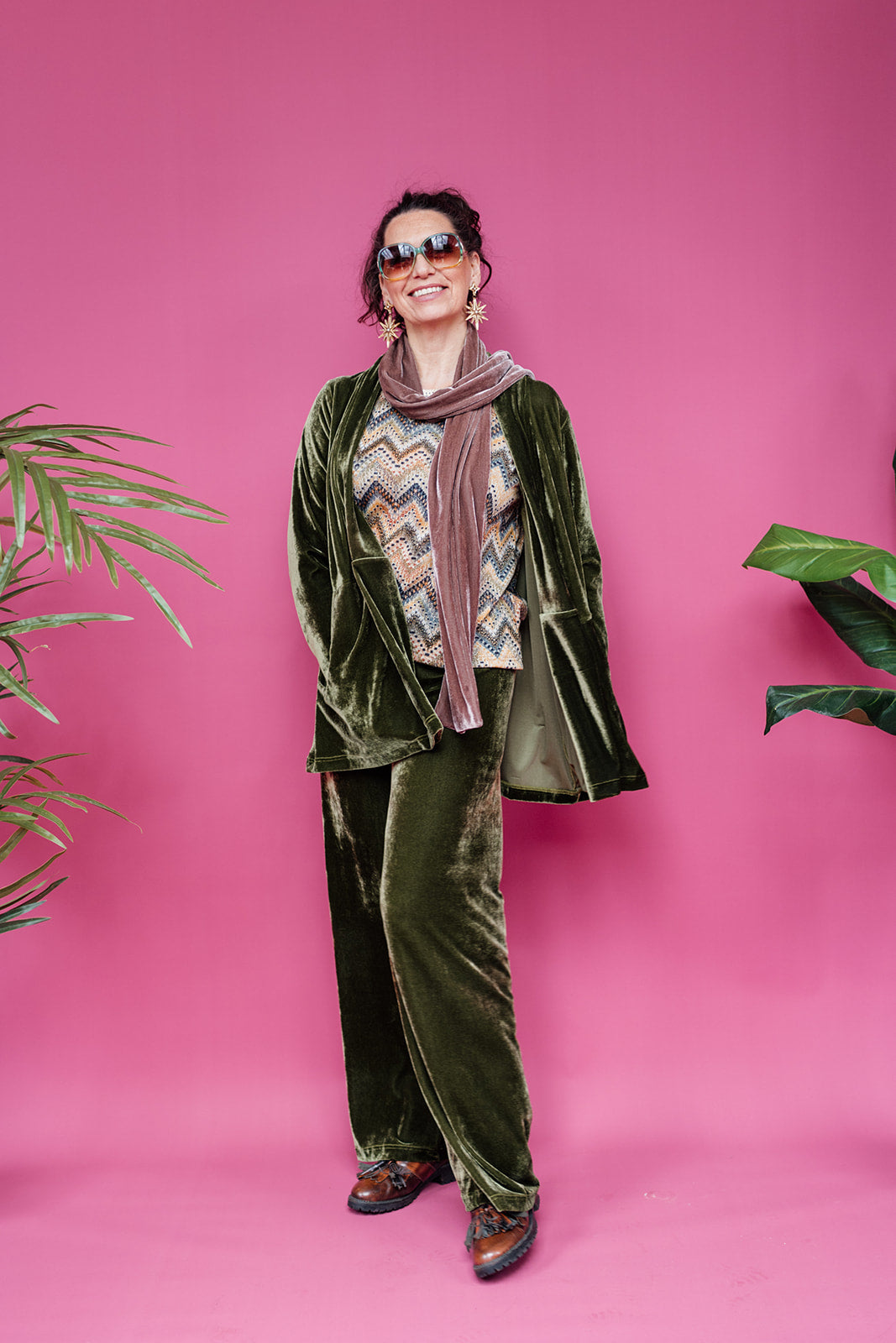 Velvet Straight Leg Trousers in Dark Olive - Megan Crook