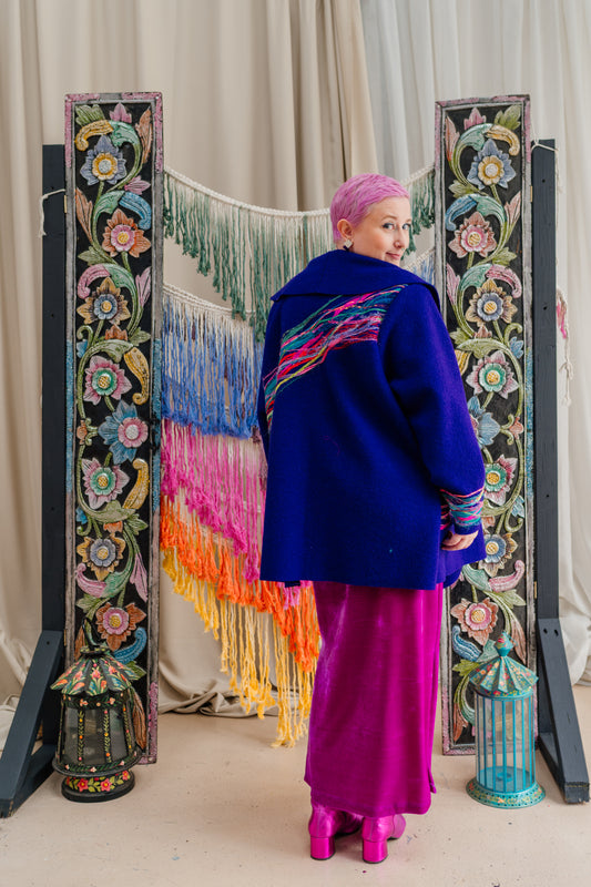 Embellished Short Wool Coat in Blue/Rainbow