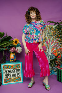 Liberty Shift Blouse in Multi Floral and Velvet ruffle culottes in bright pink