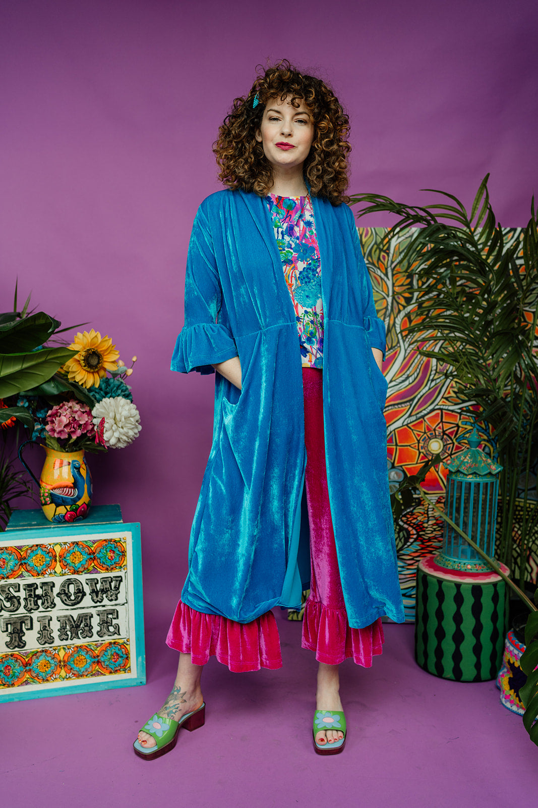 Velvet Ruffle Maxi Cardigan in Turquoise