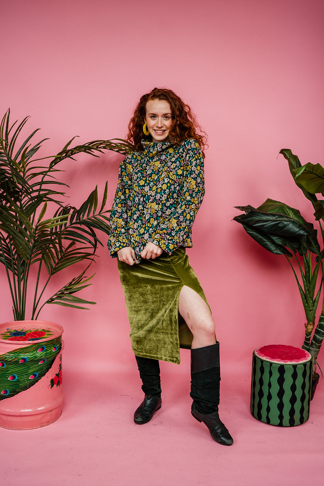 SALE - Funnel Neck Pullover in Green/Mustard Floral - Megan Crook