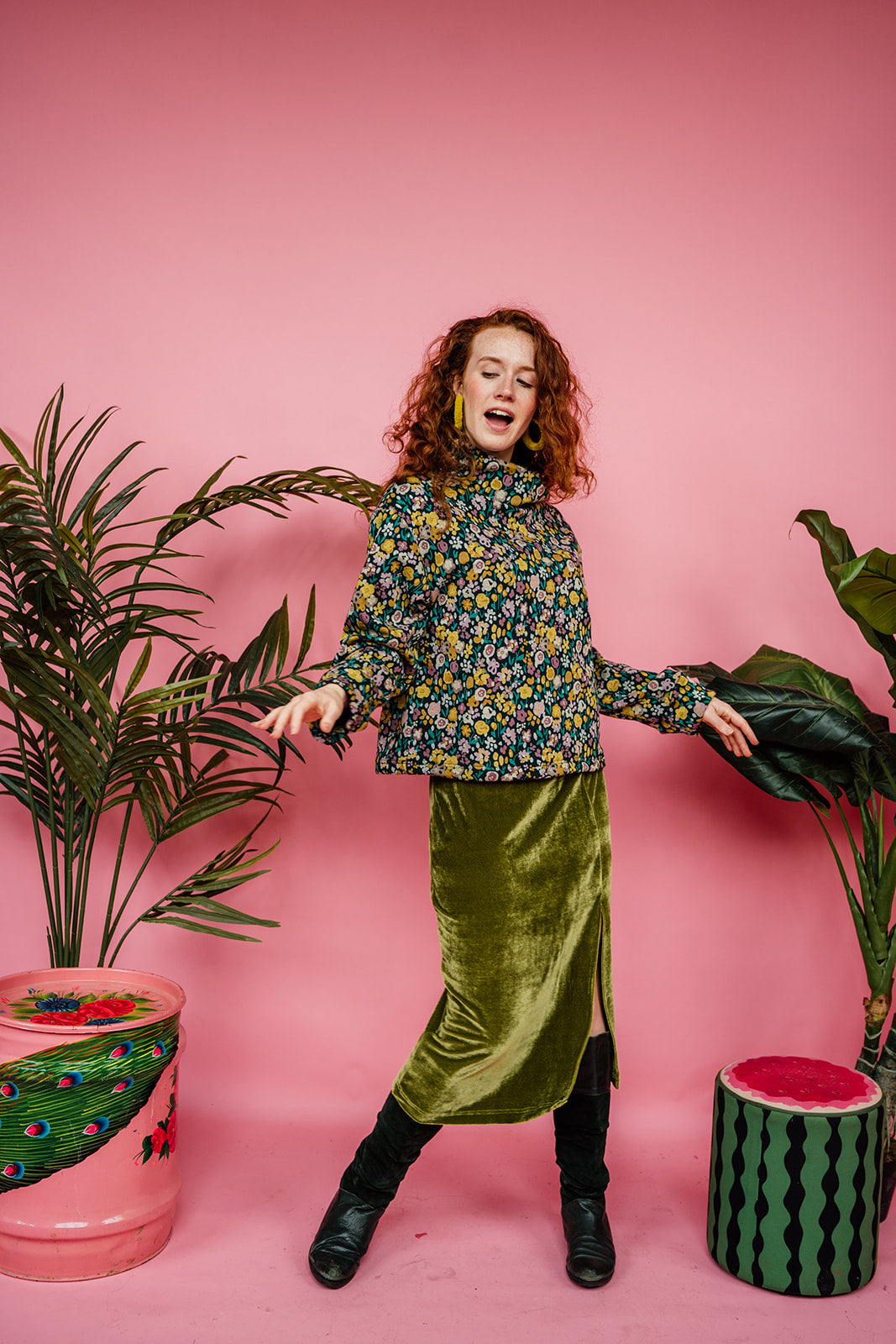 SALE - Funnel Neck Pullover in Green/Mustard Floral - Megan Crook