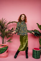 SALE - Funnel Neck Pullover in Green/Mustard Floral - Megan Crook
