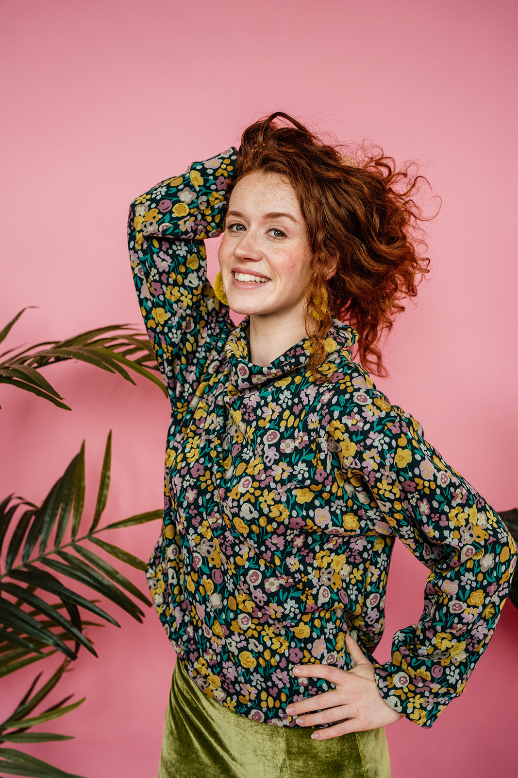 SALE - Funnel Neck Pullover in Green/Mustard Floral - Megan Crook