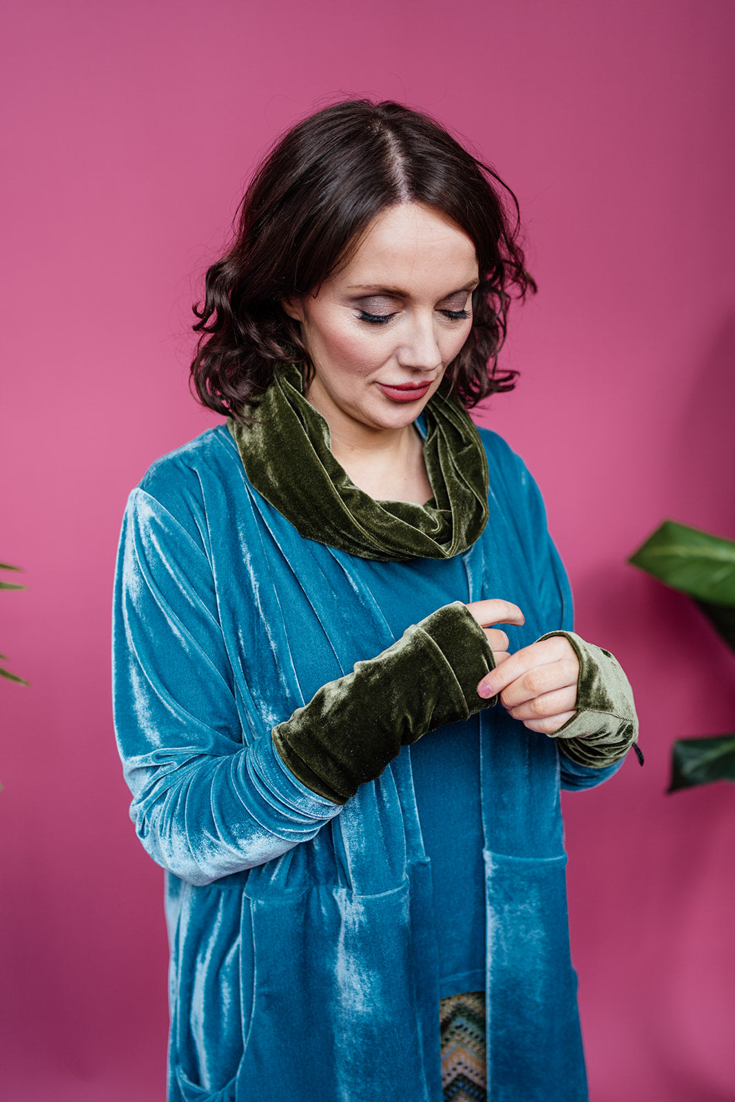 Velvet Cowl and Wrist Warmers Set in Dark Olive - Megan Crook