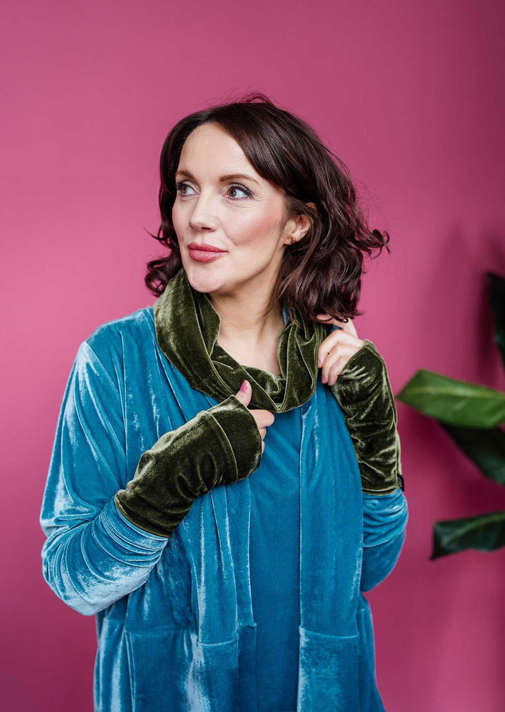 Velvet Cowl and Wrist Warmers Set in Dark Olive - Megan Crook