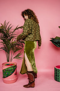 Maxi Velvet Side Split Skirt in Olive Green