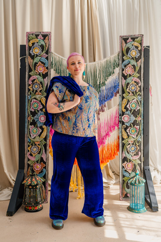 Velvet Straight Leg Trousers in Royal Blue