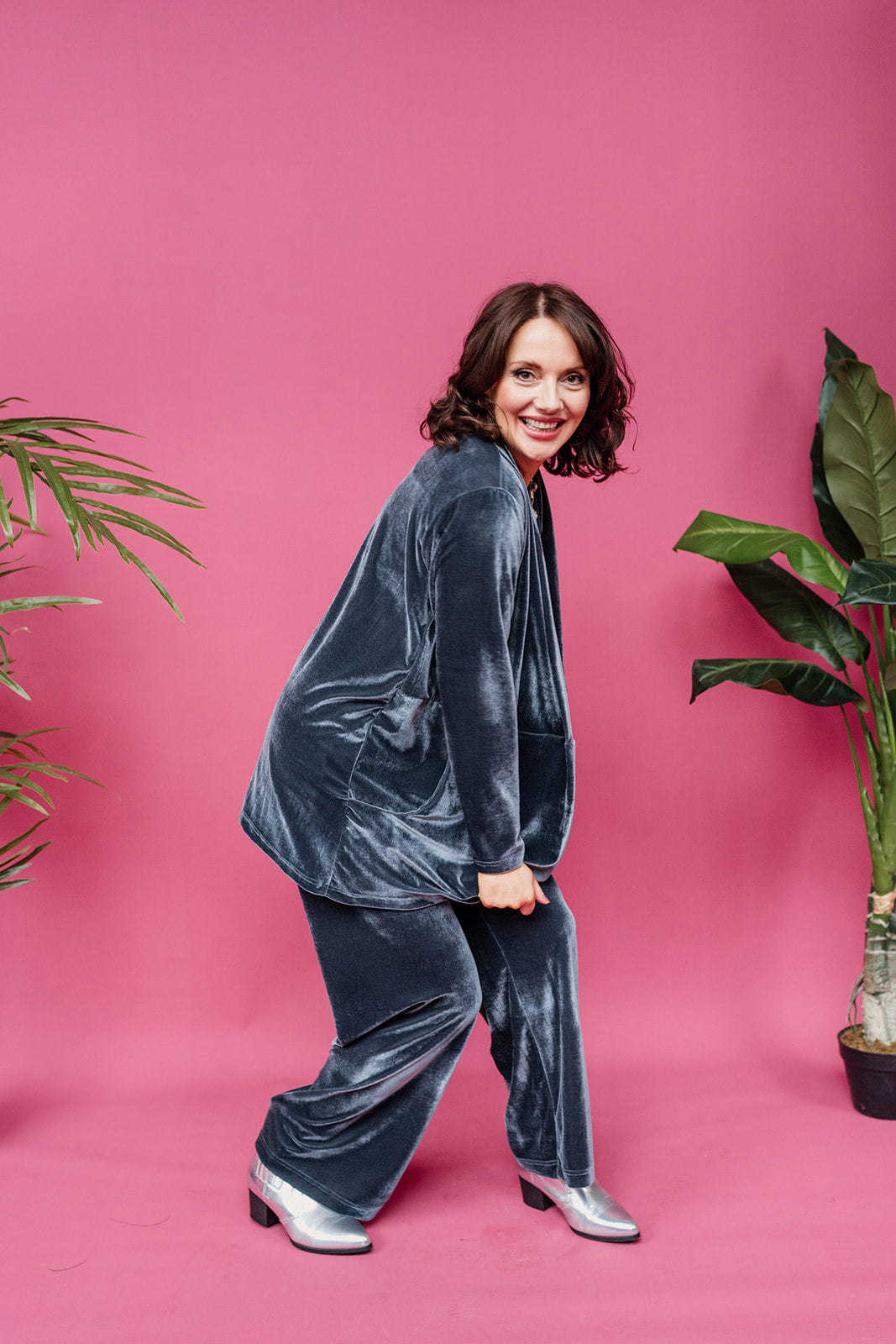 Velvet Straight Leg Trousers in Slate Grey - Megan Crook