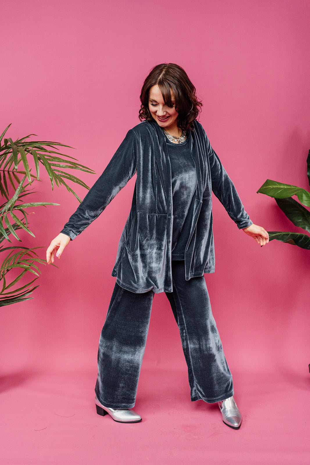 Velvet Straight Leg Trousers in Slate Grey - Megan Crook