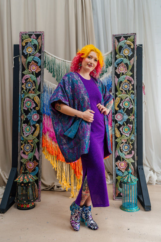 Lined Shawl Kimono in Purple & Teal