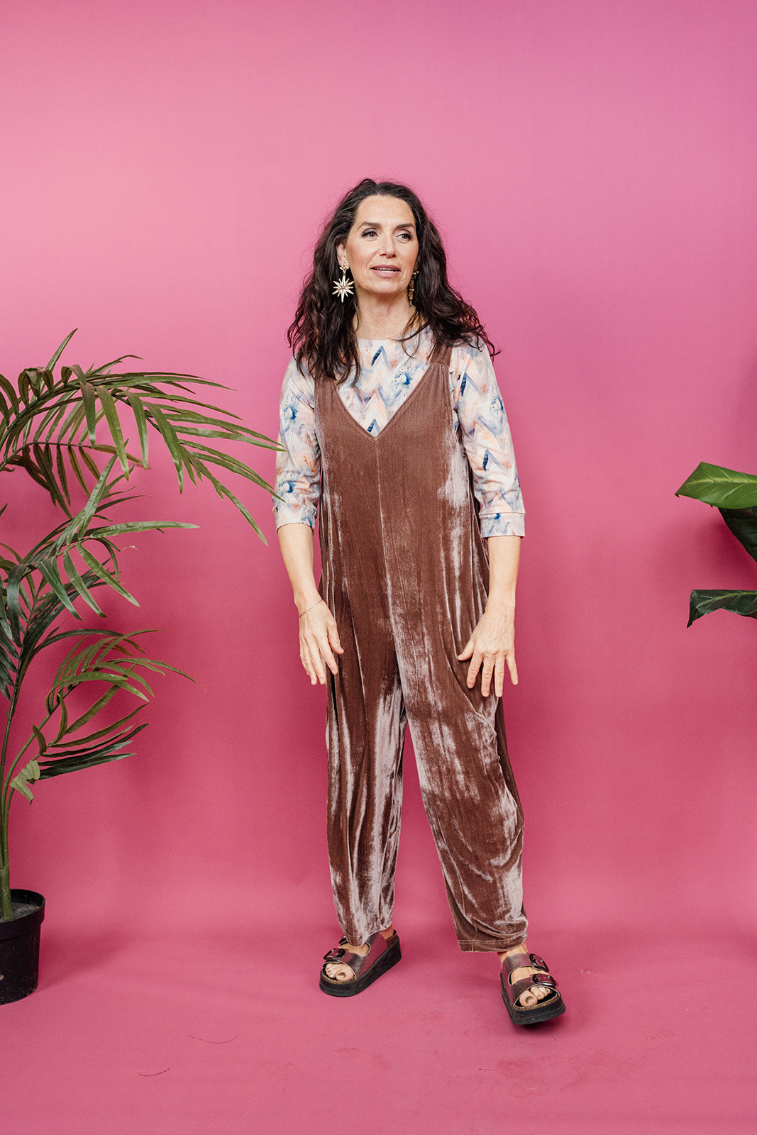 Velvet Dungaree Jumpsuit in Mushroom - Megan Crook