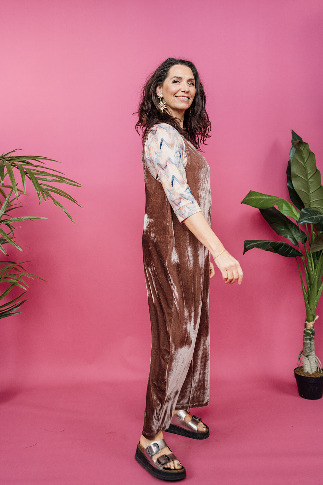 Velvet Dungaree Jumpsuit in Mushroom - Megan Crook