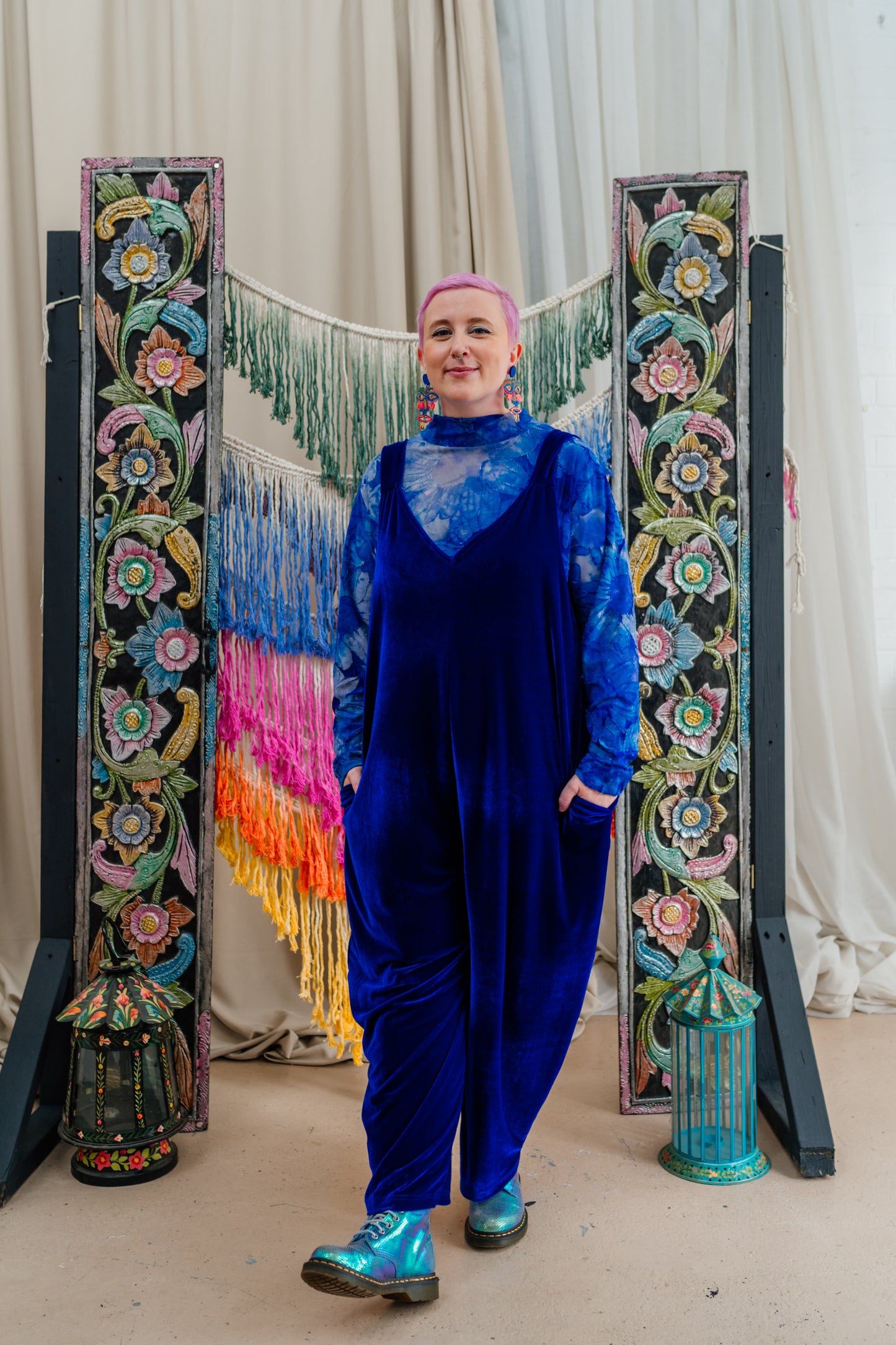 Velvet Dungaree Jumpsuit in Royal Blue
