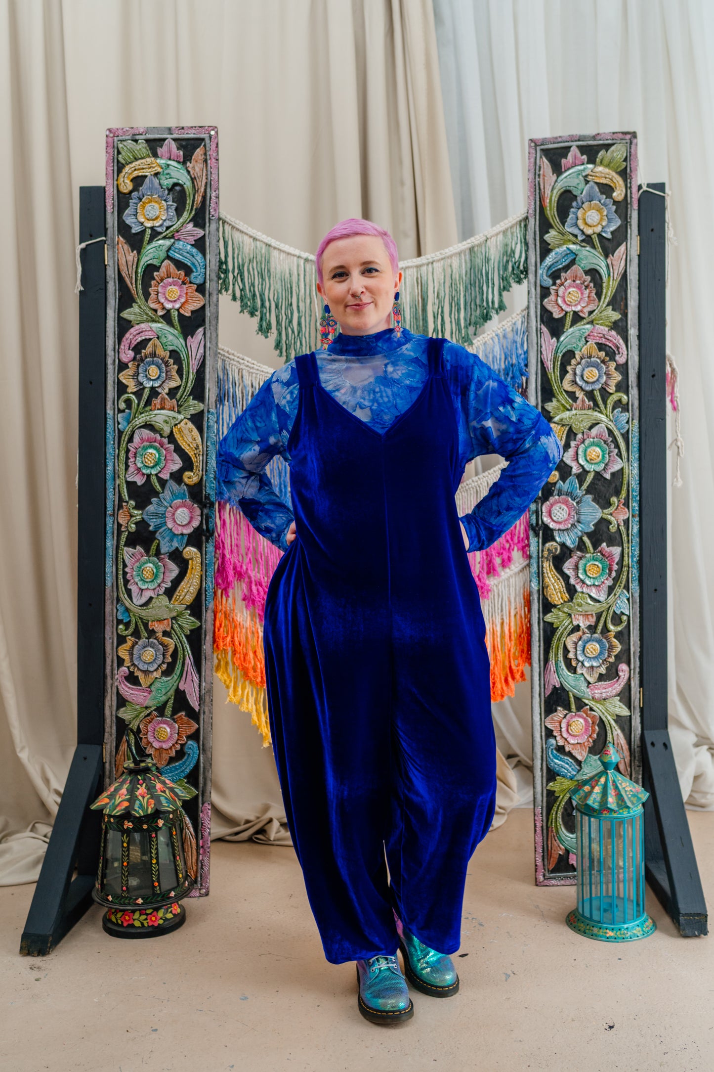 Velvet Dungaree Jumpsuit in Royal Blue