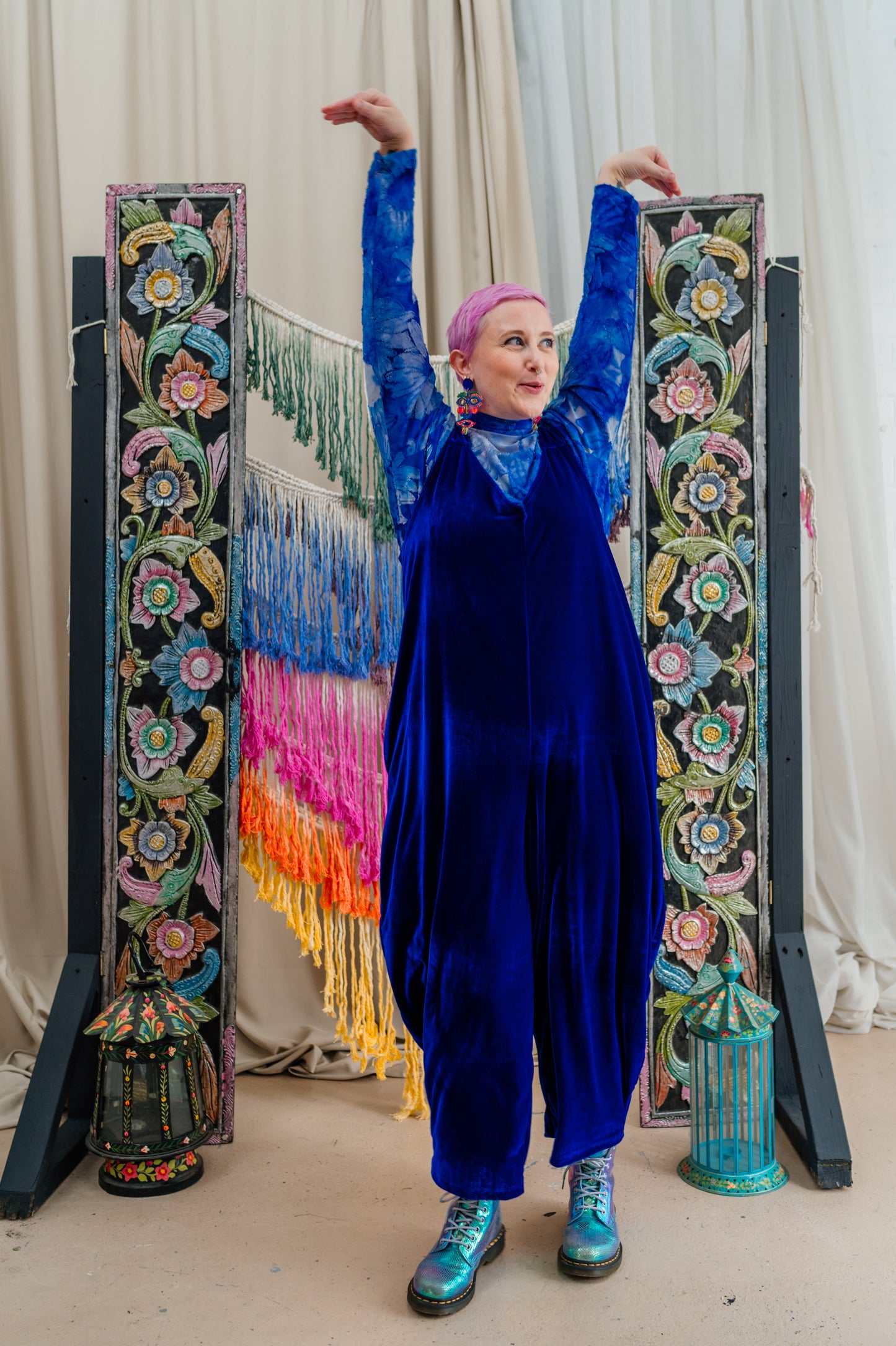 Velvet Dungaree Jumpsuit in Royal Blue
