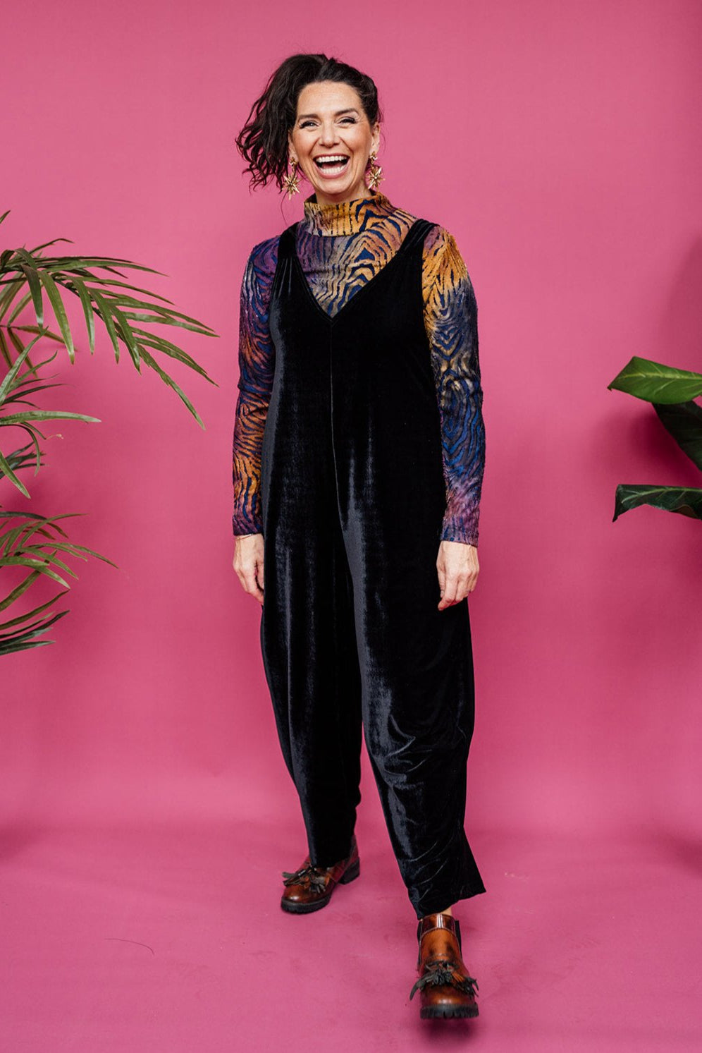 Velvet Dungaree Jumpsuit in Black - Megan Crook